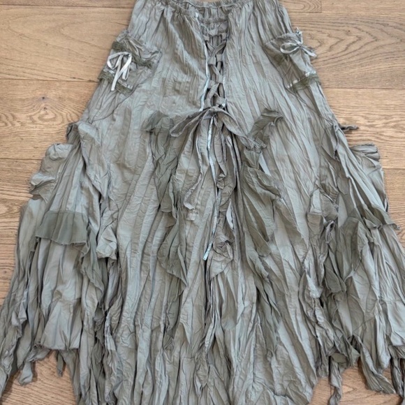 Source Unknown Dresses & Skirts - Boho Khaki Maxi Skirt with lace & ribbon Tie Accents